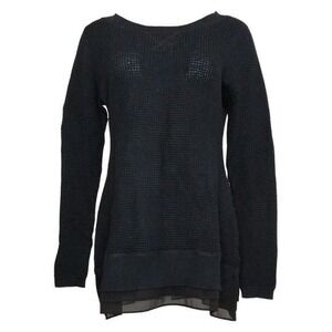 LOGO by Lori Goldstein Black Waffle Knit Sweater Chiffon Hem Size L